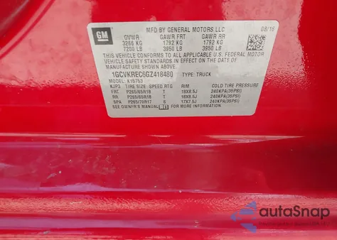 2016 Chevrolet Silverado K1500 Lt из США, поврежденный, VIN 1GCVKREC6GZ418480